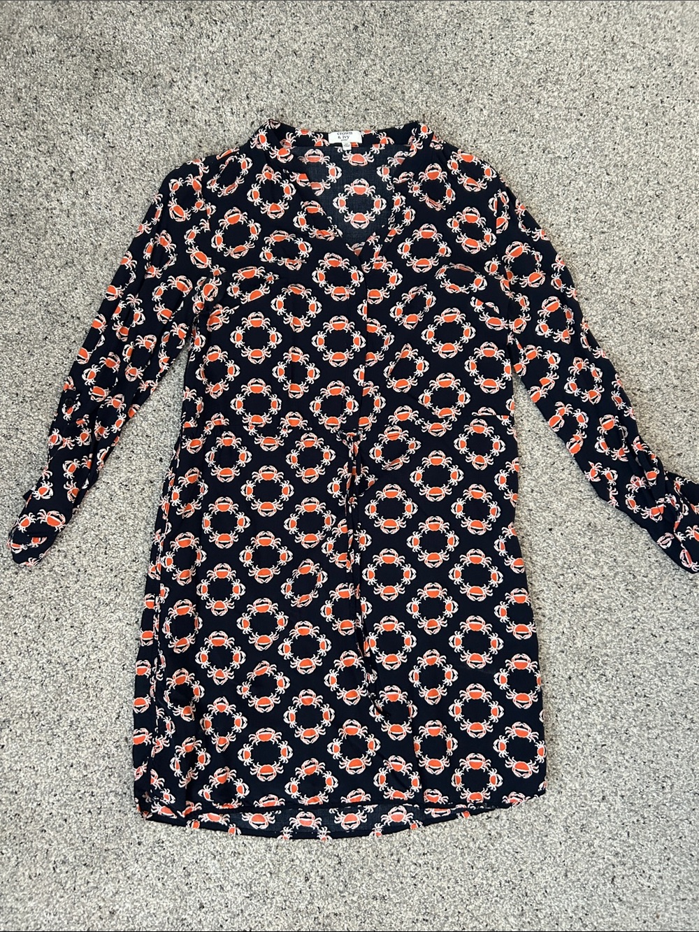 crown & ivy Navy and Orange Crab-Print Long-Sleeve Shift Dress